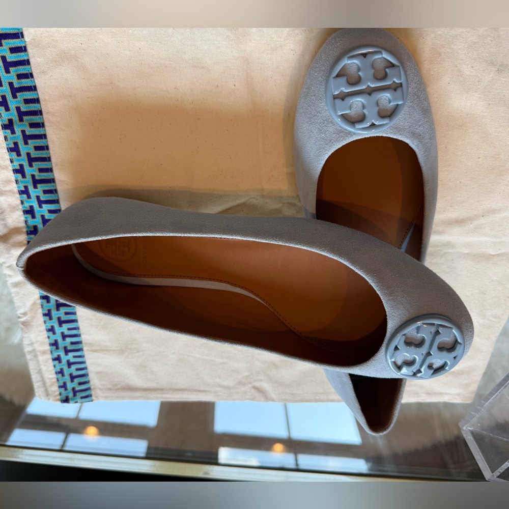 Tory Burch Gray Flats with Logo Detail